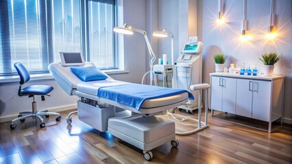 Medical aesthetic equipment, including intense pulsed light device and gel pads, set up on a sanitized treatment room table.