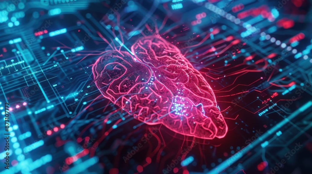 Poster futuristic digital representation of a human heart with neon lines and circuits, symbolizing modern 