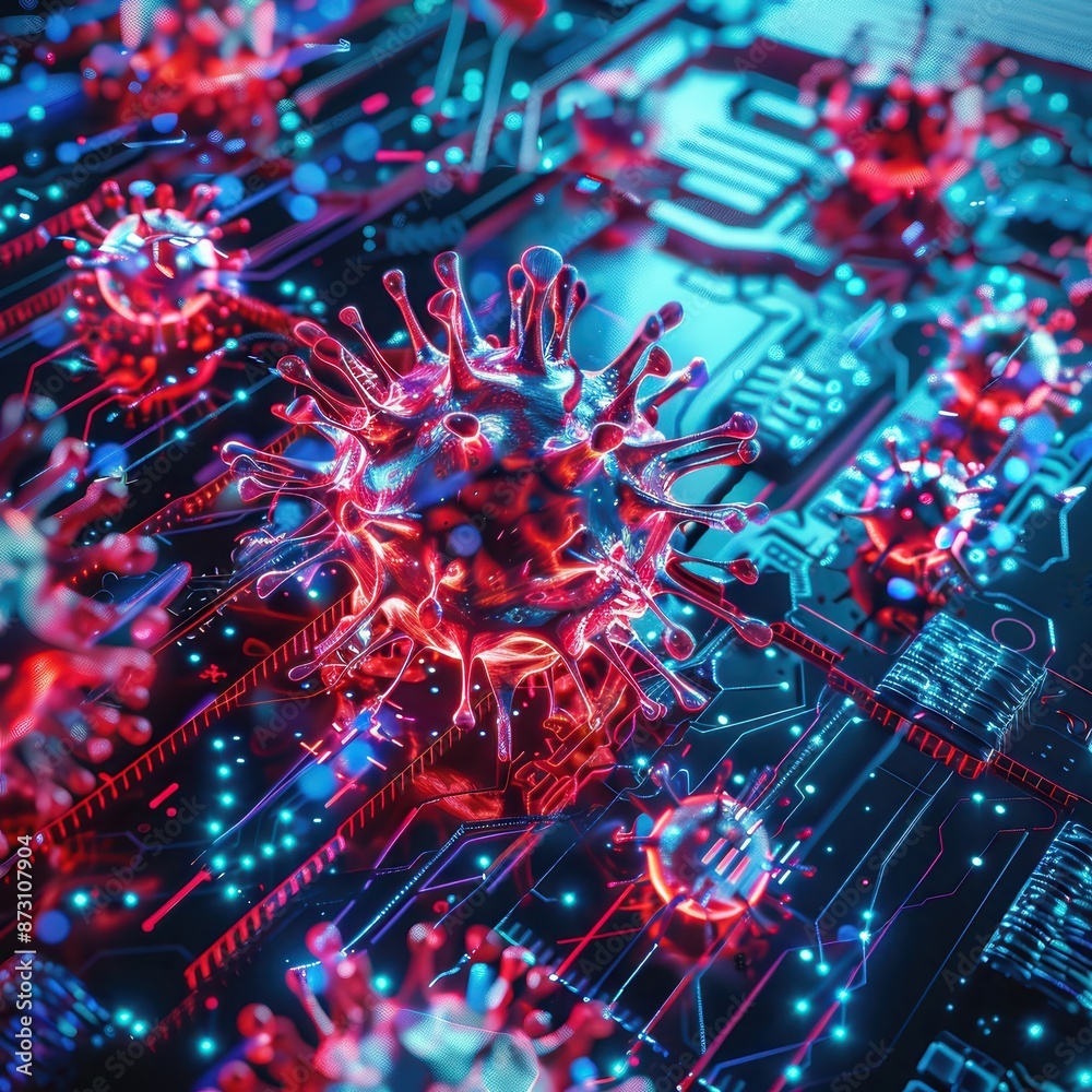 Poster Digital representation of viruses infiltrating a computer motherboard. Conceptualizing virtual threats in cybersecurity.