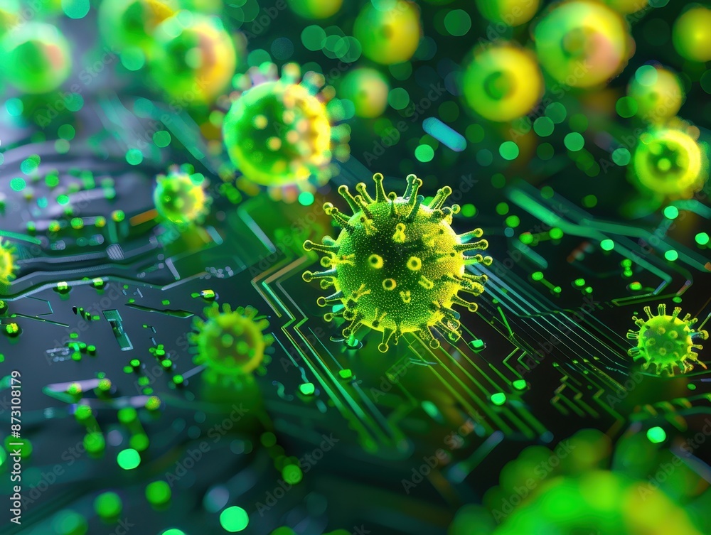 Poster Close-up of a digital virus concept, showcasing green viruses on a circuit board, representing cybersecurity threats and malware.