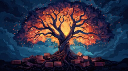 A mystical tree with roots that intertwine with ancient books, glowing with knowledge and life