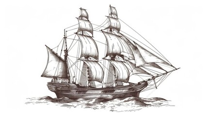 The brigantine is represented as an isolated sail boat icon. A modern naval vessel galleon, a sailboat warship sailing on waves in the ocean.