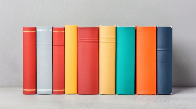 A neat row of colorful academic books on a simple table