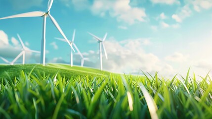 Wind turbines in a lush green field under a bright blue sky, symbolizing clean energy and sustainable power generation.