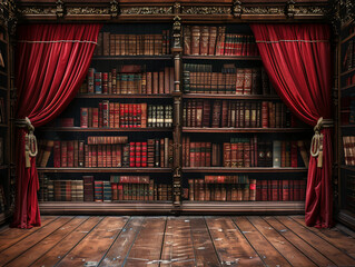 a grand library filled with books. The books are in wooden shelves, and there are red curtains...