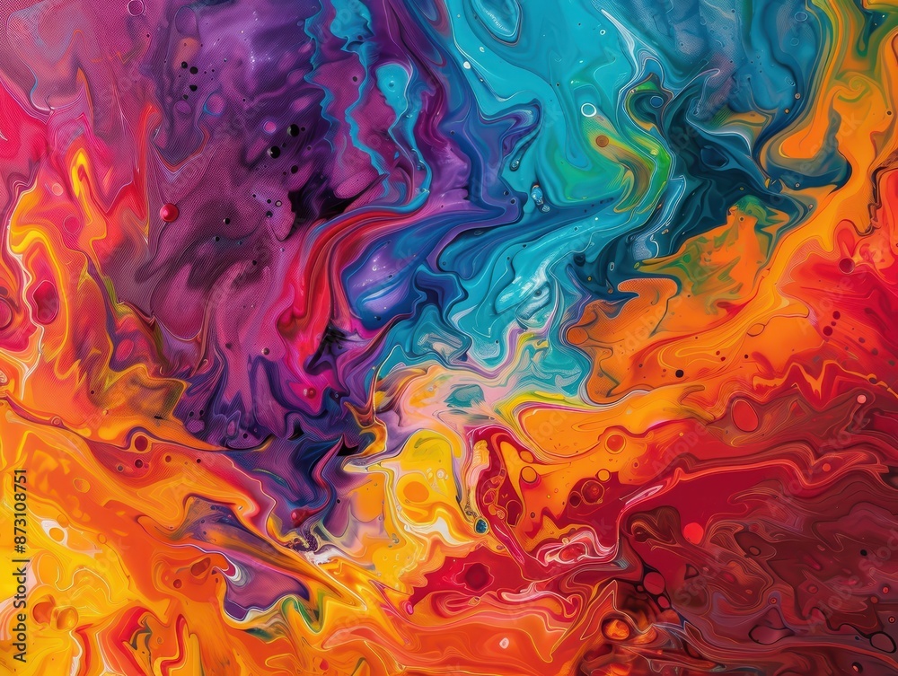 Poster Vibrant abstract painting with swirling colors and dynamic movement, showcasing a vivid spectrum of blue, red, orange, and purple hues.