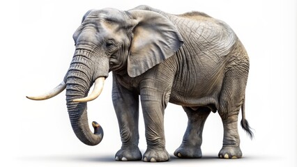 Obraz premium Magnificent gray elephant with tusks and wrinkled skin standing solo on a pure white transparent background, no humans present.