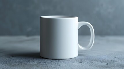 Obraz premium Minimalist Ceramic Mug on Soft Gray Surface, Side View, Flat Lay. Emphasize the clean lines and minimalist design, capturing the essence of contemporary tableware.