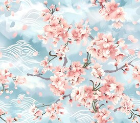 Ethereal Cherry Blossoms Drifting on Soft Pastel Waves with Cinematic Japanese Inspired Backdrop