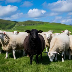 Fototapeta premium Black sheep among white sheep in lush green meadow under blue sky For Social Media Post Size