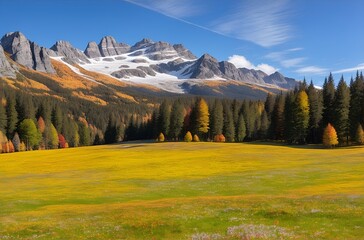 Obraz premium Autumn landscape with a meadow and coniferous trees in front of snow-covered mountains on a sunny autumn day