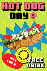 Vertical advertising banner for hot dog day in retro collage style. Big sausage in bread with halftone effect, special offer stickers. Vector illustration.
