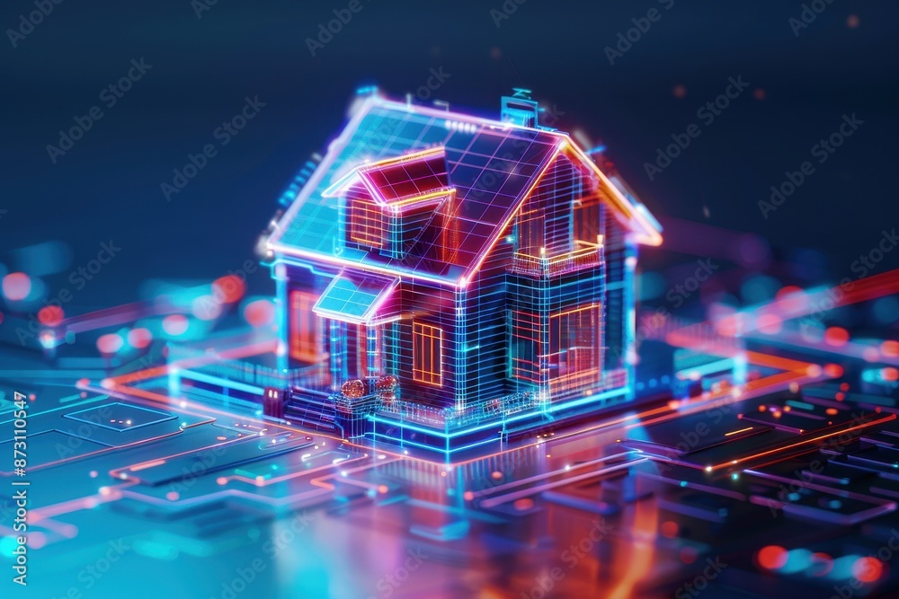 Aufkleber futuristic smart home concept with digital glowing neon house model on circuit board, representing t