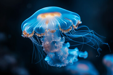 Fototapeta premium Jellyfish Sea Nettle (Chrysaora pacifica) poisonous jellyfish in deep sea black background.