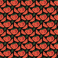 Seamless pattern with red tomatoes on a black background. Sliced ​​juicy tomato. Stylization of vegetables. Simplification of form. Vector