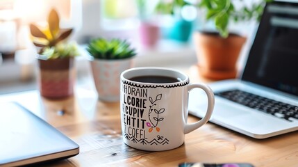 coffee mug with a motivational quote, filled with black coffee, sitting on a desk with a laptop nearby