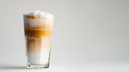glass of cappuccino with foam art, set against a clean white background