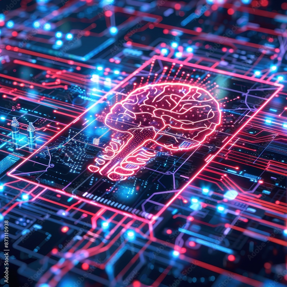 Leinwandbilder futuristic digital illustration of artificial intelligence and neural networks in vibrant neon color