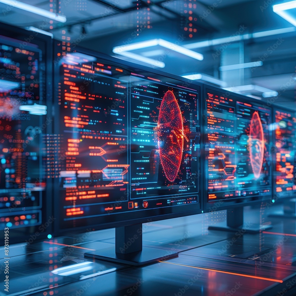 Fototapete Futuristic computer screens displaying advanced data visualizations and cybersecurity information in a modern tech environment.