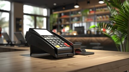 of a modern card swiping machine with contactless payment option, in a stylish retail environment