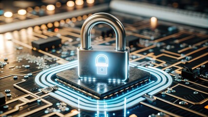 glowing blue neon lock icon on digital circuit board background, illustrating cyber security and data protection concepts, technology, digital security and IT infrastructure