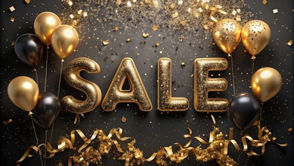golden text "sale" on a dark gold festive background, the concept of black Friday