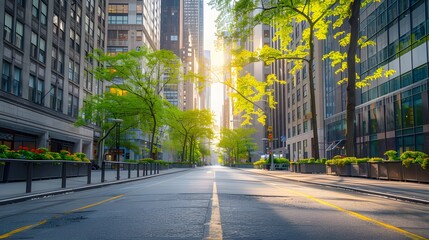 Newyork commercial street, tall buildings on both sides of the road, green trees and flowers along the roadside, wide perspective, clear sky, urban landscape style.