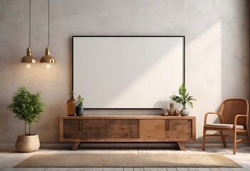Mock up frame in home interior background, white room with natural wooden table and decor, 3d render