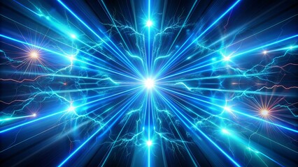Fototapeta premium Vibrant blue and teal neon sticks radiate dynamic laser beams amidst flashing ray lines, thunderbolt effects, and electrifying sparks in dark space.