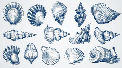Seashell sketch, modern conch, engraved marine clam