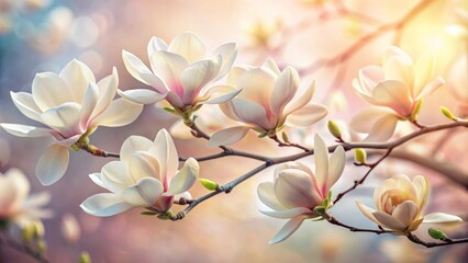 Delicate petals of creamy white magnolia flowers unfold against a soft, pastel background, exuding elegance and serenity in springtime.