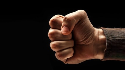 Close-up of a clenched fist against a dark background, symbolizing strength, determination, and power in a minimalist and striking composition.