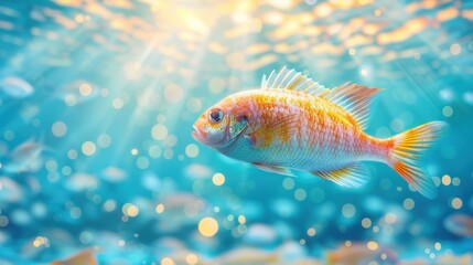 Fototapeta premium Bright tropical fish swimming underwater, illuminated by sunlight. Vivid colors and serene ocean background highlight marine life beauty.