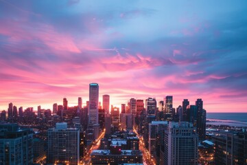 Naklejka premium Beautiful city skyline at sunset with vibrant colors and a stunning blend of urban architecture against a dramatic, colorful sky.