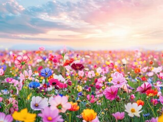 Obraz premium Beautiful field of vibrant wildflowers in bloom with a colorful sunset sky, creating a picturesque and serene natural landscape.