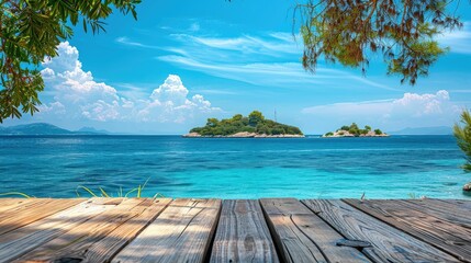 Fototapeta premium Wooden table on the background of the sea, island and the blue sky