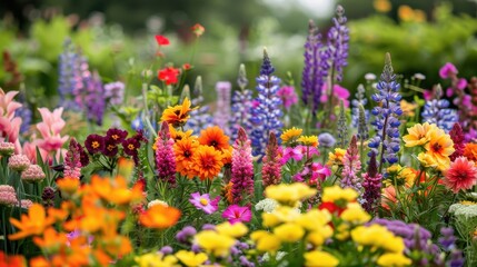 Fototapeta premium A vibrant flower garden in full bloom with a variety of colorful blossoms creating a stunning, lively atmosphere perfect for spring and summer.