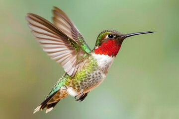 hummingbird in flight, capturing the vibrant colors of its feathers and rapid wing movement