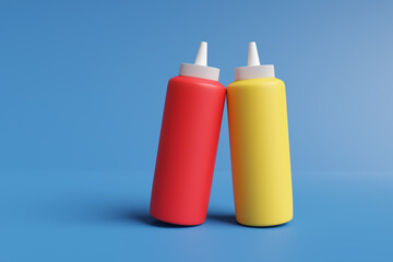 Red ketchup and yellow mustard sauce bottles on blue background. Illustration of the concept of condiments and fast food restaurants