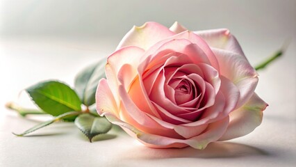 A solitary, delicate pink rose with velvety petals and subtle sheen rests serenely against a pristine, creamy white backdrop.