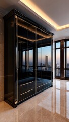 A lavish black wardrobe, rendered in 4K resolution, situated in a spacious