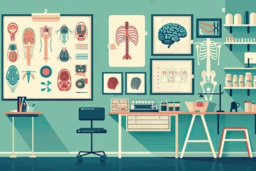 Colorful, educational science lab with anatomical posters, skeleton model, and various lab equipment in a modern, organized setting.