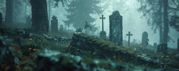 Misty forest graveyard with aged tombstones and crosses, creating a mysterious and eerie atmosphere in a foggy woodland setting.