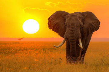 Naklejka premium majestic African elephant in its natural habitat. The elephant should be in a grassy savanna, with a warm, orange glow from the setting sun to create a dramatic effect