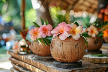 Fototapeta premium Coconut Flower Arrangements on a Wooden Table