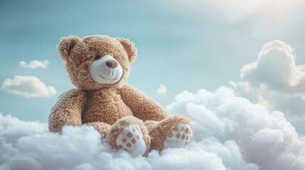 A fluffy teddy bear sitting on soft, white clouds with a blue sky background, evoking a sense of comfort, childhood, and dreamlike serenity