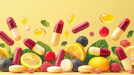 A vibrant arrangement of various vitamins and supplements surrounded by fresh fruits and leaves, emphasizing health and wellness