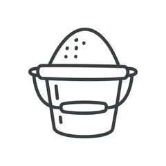 Cute toy bucket icon. Hand drawn monochrome illustration of a plastic bucket with sand isolated on a white background. Vector 10 EPS.