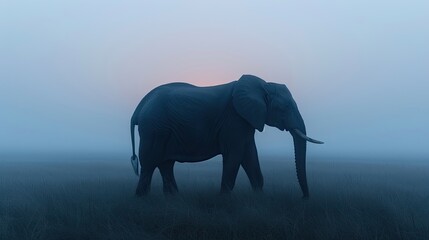 Fototapeta premium A solitary elephant walking through a misty landscape at dawn, with a serene and mysterious ambiance