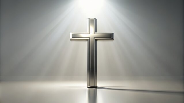A solitary gleaming silver cross centered on a pristine white background, evoking spirituality and serenity in a minimalist composition.